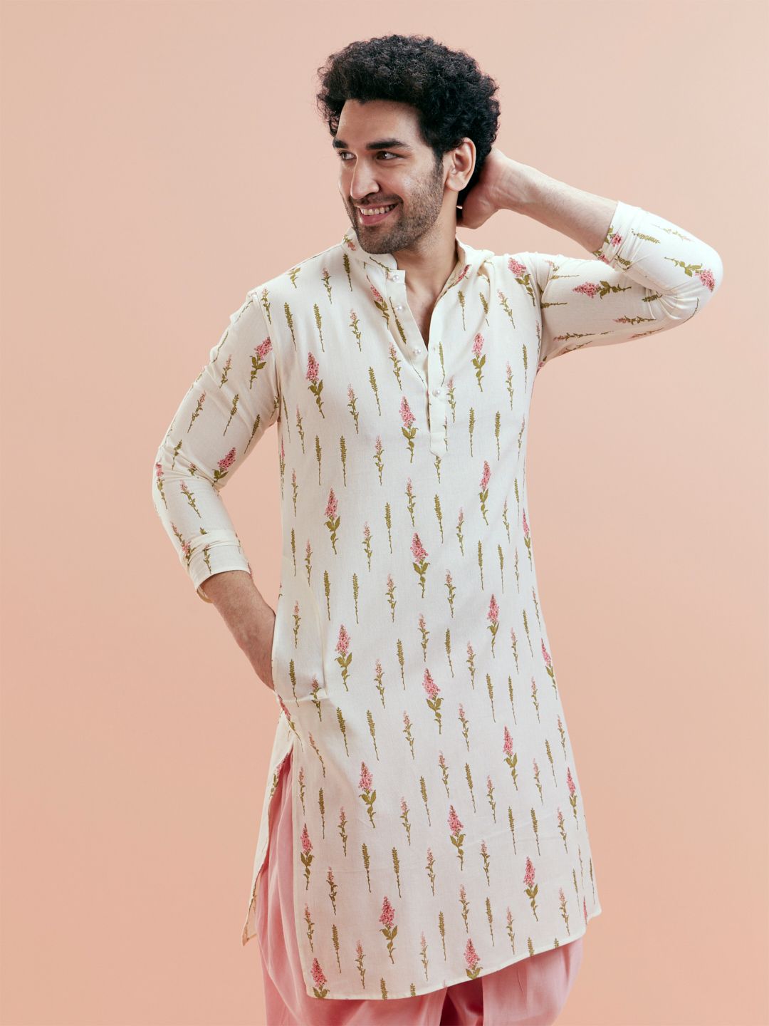 KISAH Men Cream-Coloured & Pink Floral Kurta