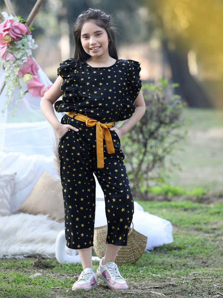 Cutiekins Girls Printed Capri Jumpsuit With Ruffles