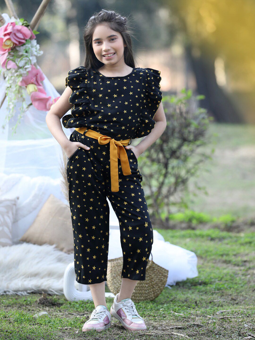 Cutiekins Girls Printed Capri Jumpsuit With Ruffles