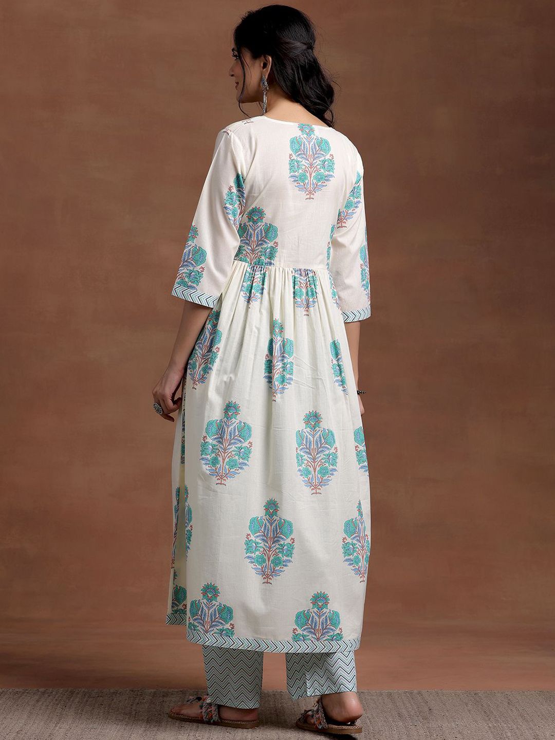 Libas Square Neck Floral Printed Pleated Pure Cotton A Line Kurta with Trouser