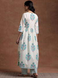 Libas Square Neck Floral Printed Pleated Pure Cotton A Line Kurta with Trouser