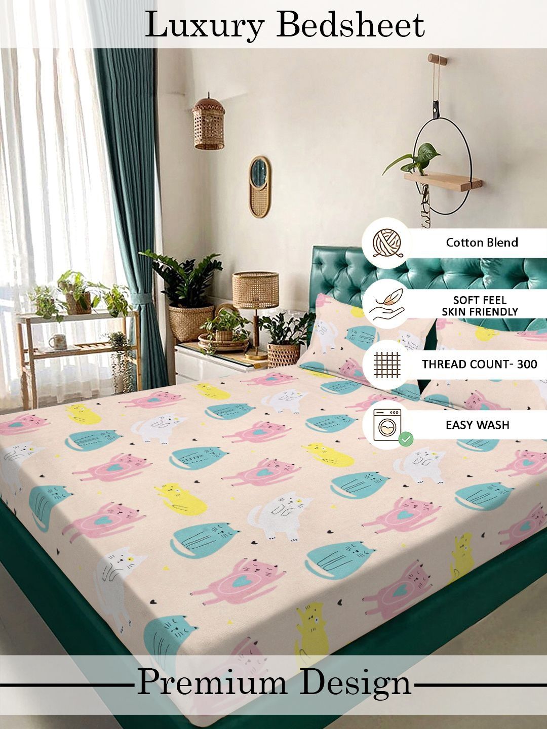 Myntra Elegant Homes Beige Cartoon Print 300 TC King Double Bedsheet dengan 2 Sarung Bantal