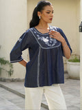 House of Chikankari Chikankari Solid Women's Ladder Lace Work- Dark Blue Tops