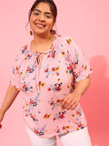 CURVY STREET Plus Size Floral Print Tie-Up Neck Top