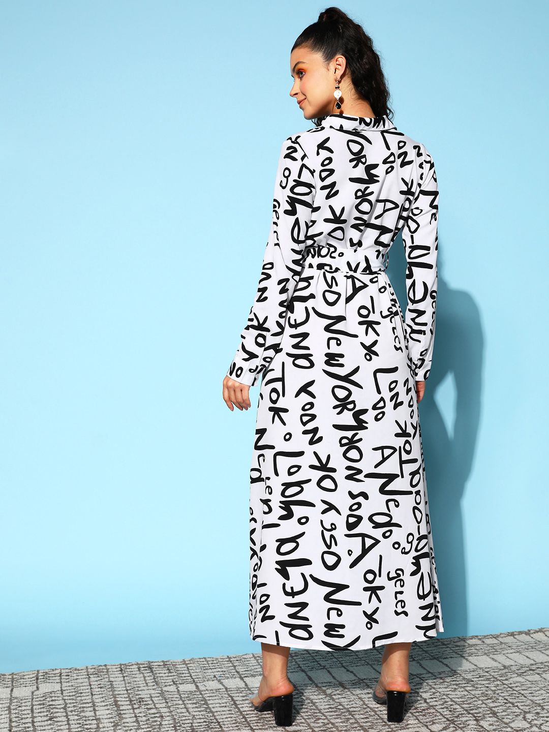 Berrylush White & Black Crepe Shirt Maxi Dress With Belt