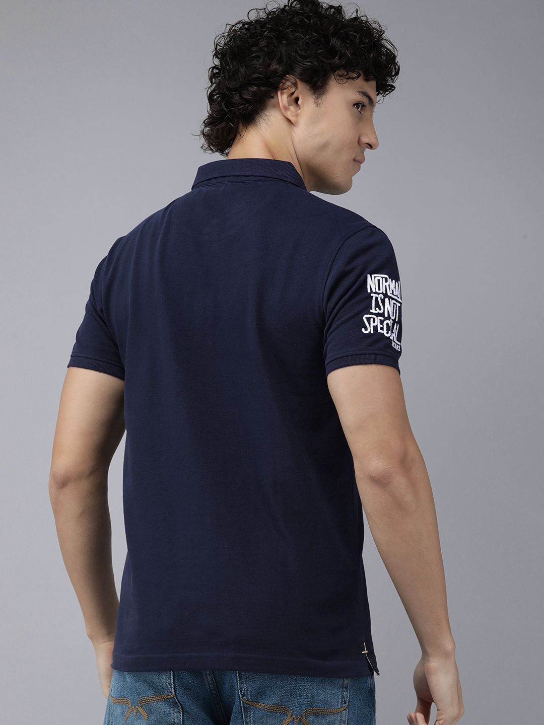 SPYKAR Men Polo Collar Indigo Pure Cotton Slim Fit T-shirt With Minimal Embroidered Detail