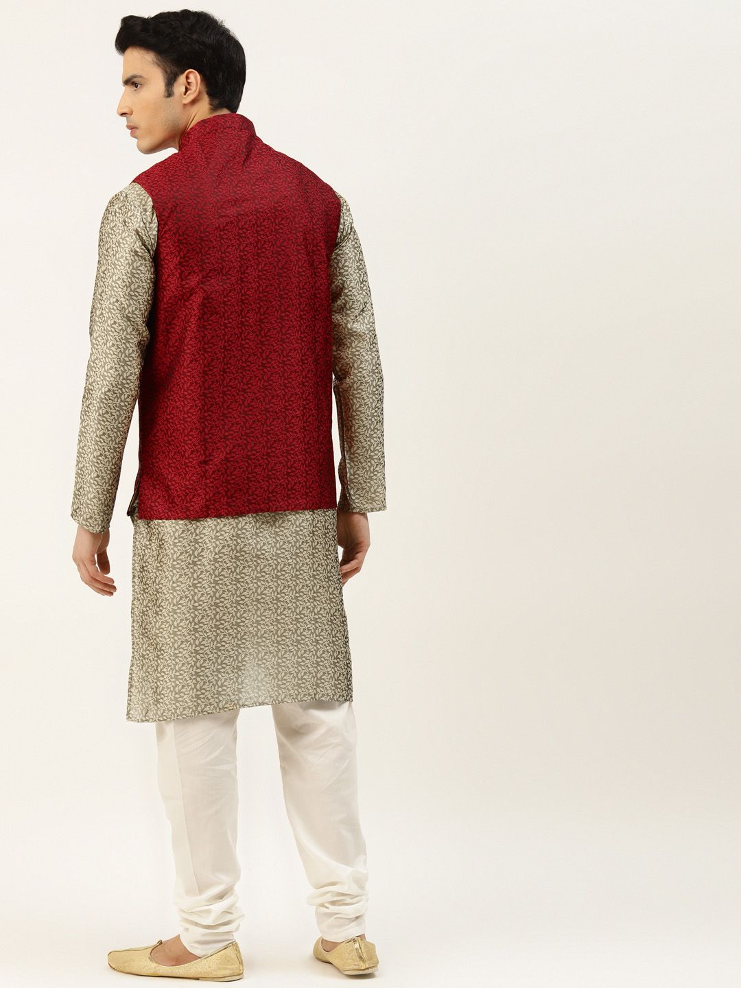 SOJANYA Men Beige Jacquard Silk Kurta with Churidar & Nehru Jacket