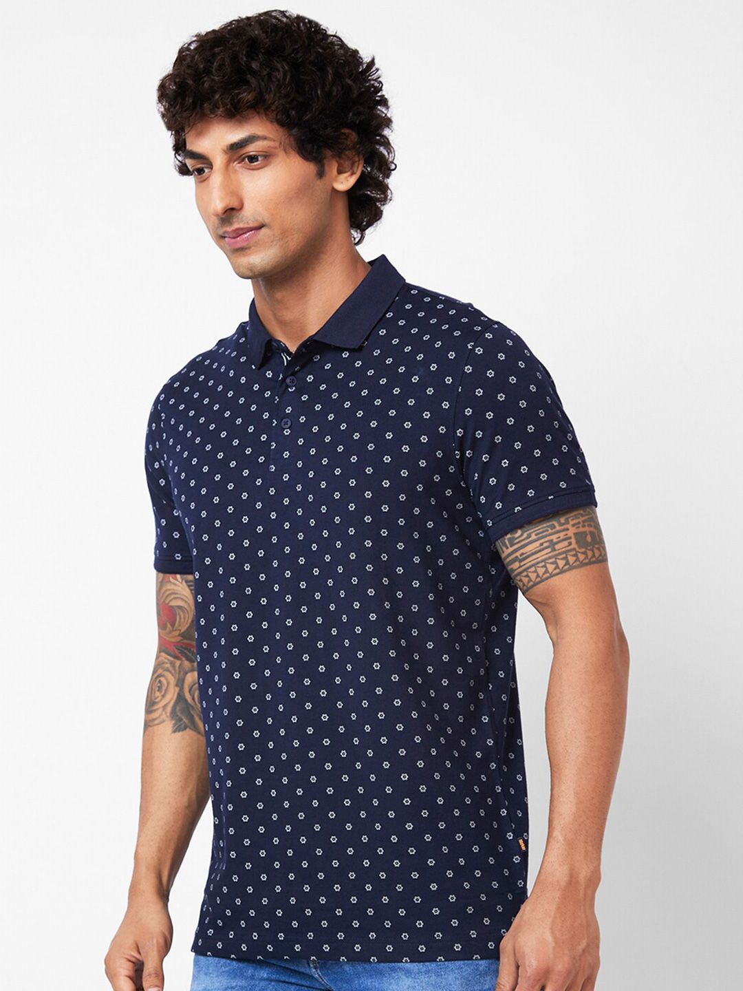 SPYKAR Geometric Printed Polo Collar Slim Fit T-shirt