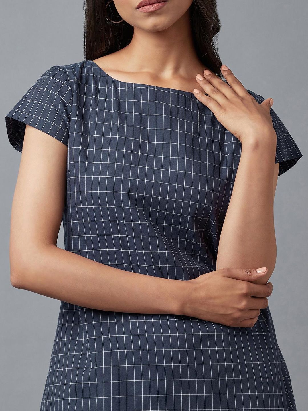 W Blue Checked Pure Cotton Sheath Dress