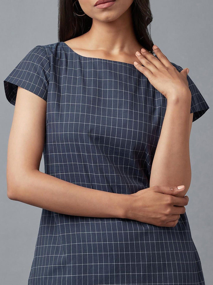 W Blue Checked Pure Cotton Sheath Dress