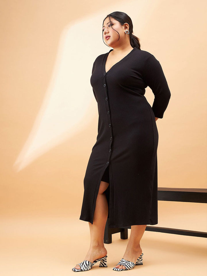 SASSAFRAS Curve Plus Size Black Ribbed V-Neck A-Line Midi Dress
