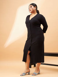 SASSAFRAS Curve Plus Size Black Ribbed V-Neck A-Line Midi Dress