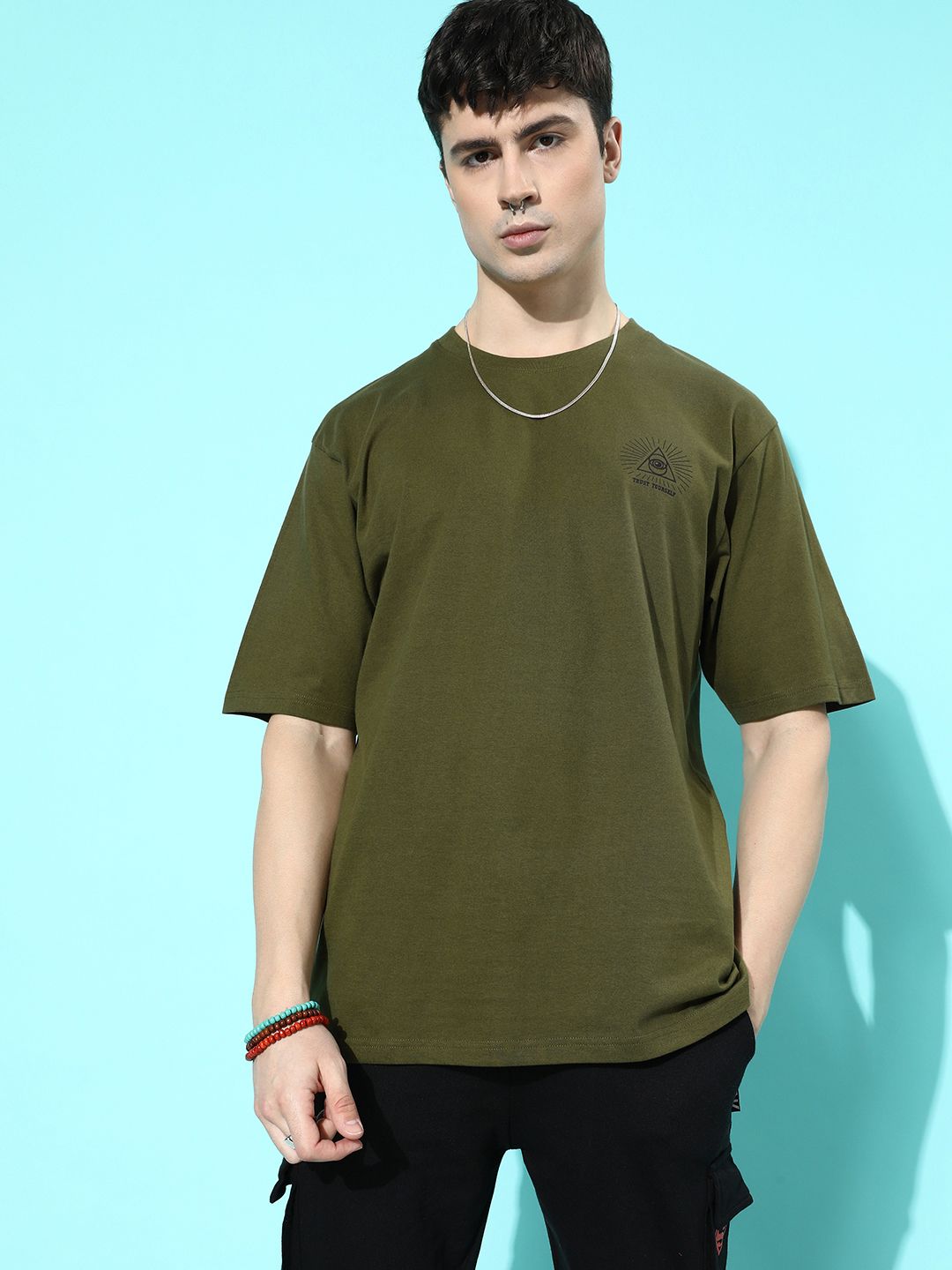 Difference of Opinion Men Olive Green Graphic Printed Pure Cotton Oversized T-Shirt