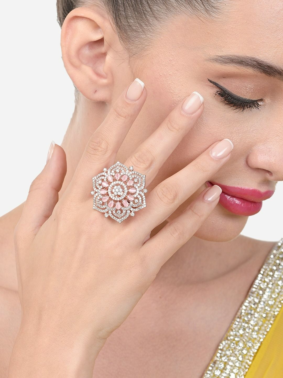 Cincin Jari Bertampal CZ Mutiara Zaveri Rose Saduran Emas