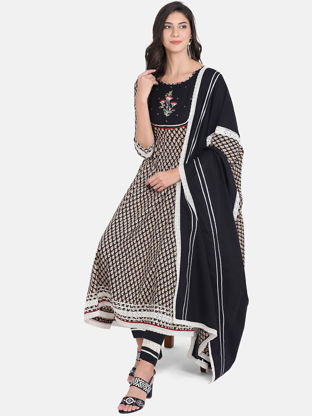 KALINI Ethnic Motifs Printed Pure Cotton Kurta With Trousers & Dupatta