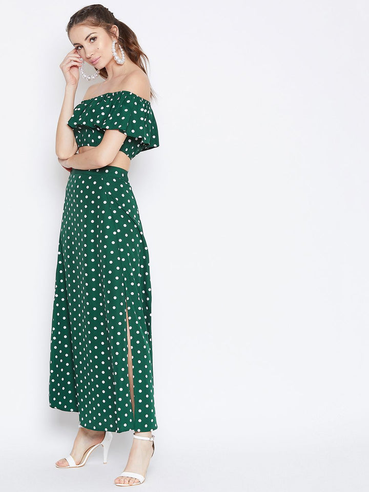 Berrylush Green Polka Dot Print Two-Piece Bardot Dress