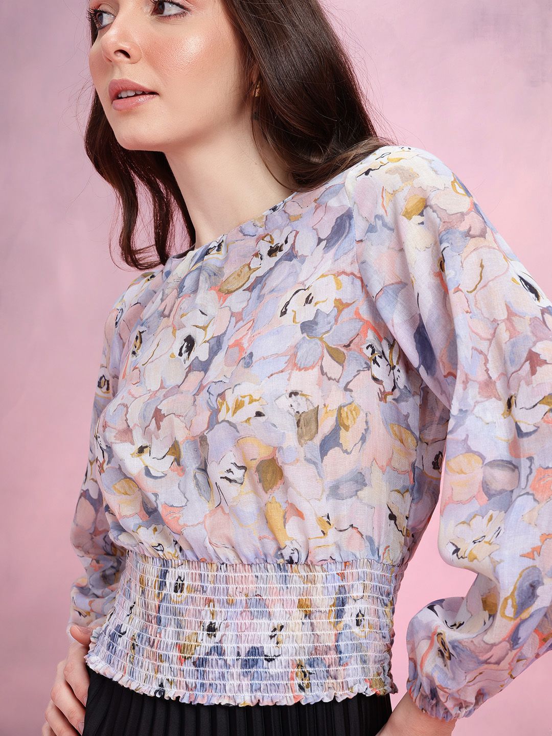 DressBerry Floral Print Smocked Detail Puff Sleeves Blouson Top