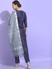 Vishudh Women Blue Striped Pure Cotton Kurta with Trousers & With Dupatta