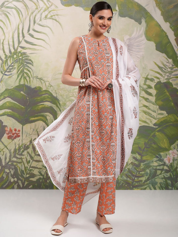 Vishudh Brown Floral Printed Keyhole Neck Pure Cotton A-Line Kurta With Trousers & Dupatta