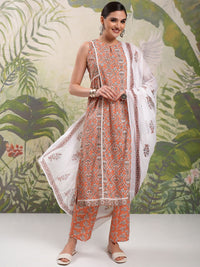 Vishudh Brown Floral Printed Keyhole Neck Pure Cotton A-Line Kurta With Trousers & Dupatta