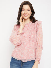 Antheaa Floral Printed Puff Sleeves Chiffon Top