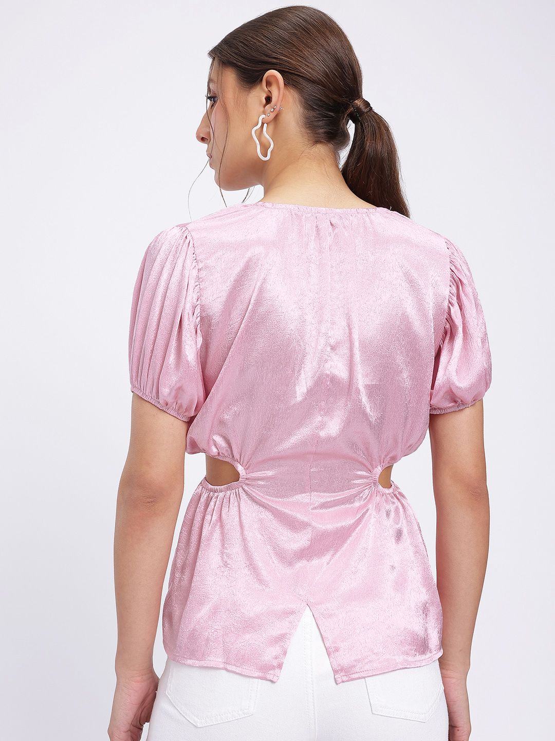 DressBerry Satin Sophistication Cut-Out Detail Puff Sleeves Top
