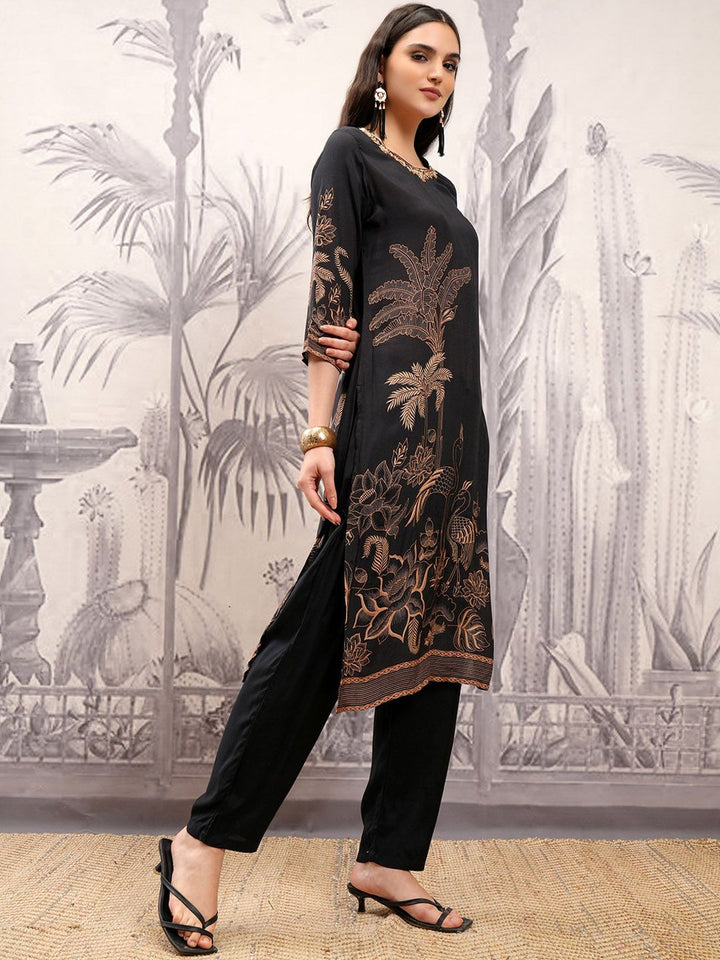 Vishudh Black Ethnic Motifs Printed Thread Work Regular Kurta with Trousers & Dupatta
