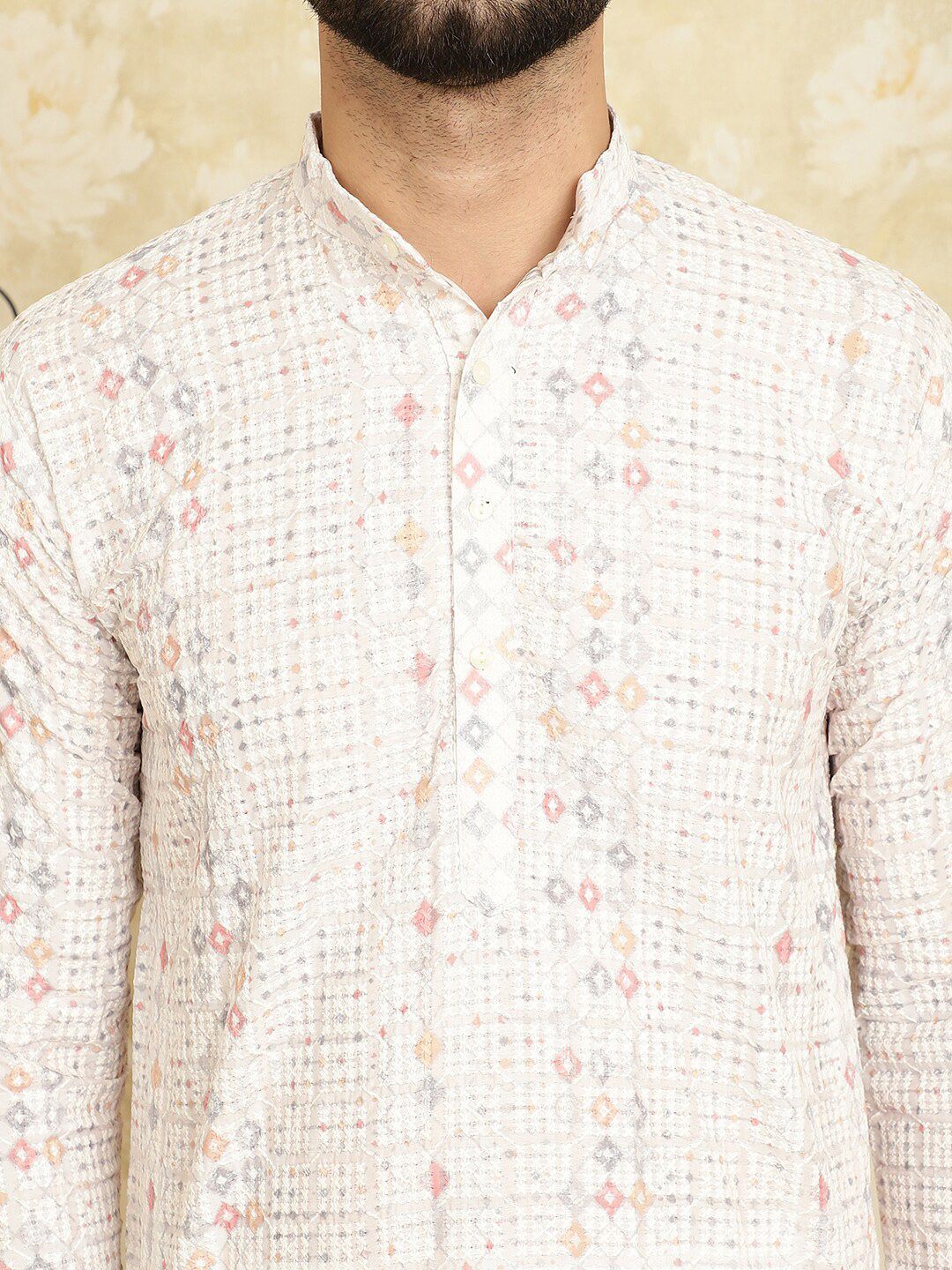 SOJANYA Ethnic Motifs Embroidered Band Collar Pure Cotton Kurta With Churidar