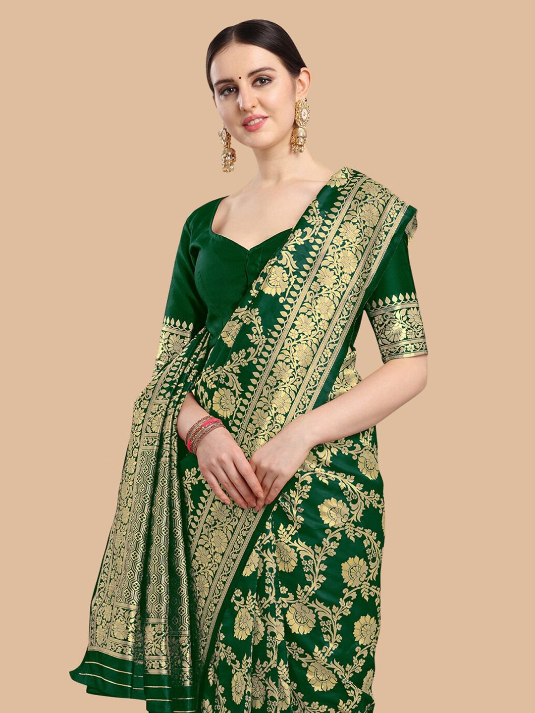 KALINI Green & Gold-Toned Woven Design Silk Blend Banarasi Saree