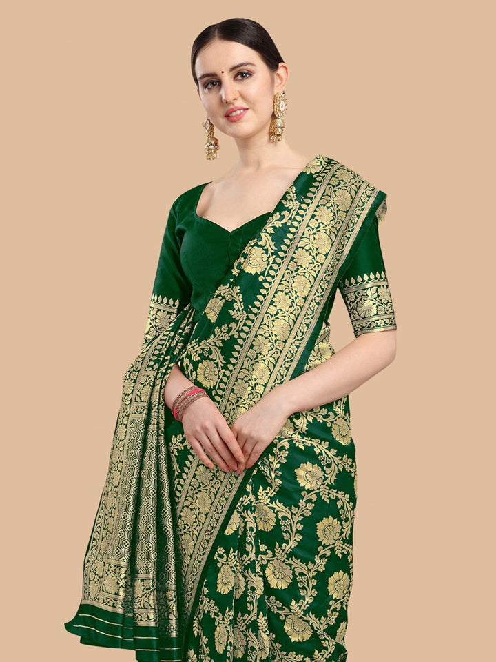 KALINI Green & Gold-Toned Woven Design Silk Blend Banarasi Saree