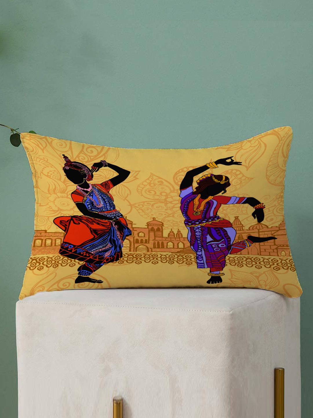 STITCHNEST Set Of 2 Yellow & Black Ethnic Motifs Printed Rectangle Cushion Covers
