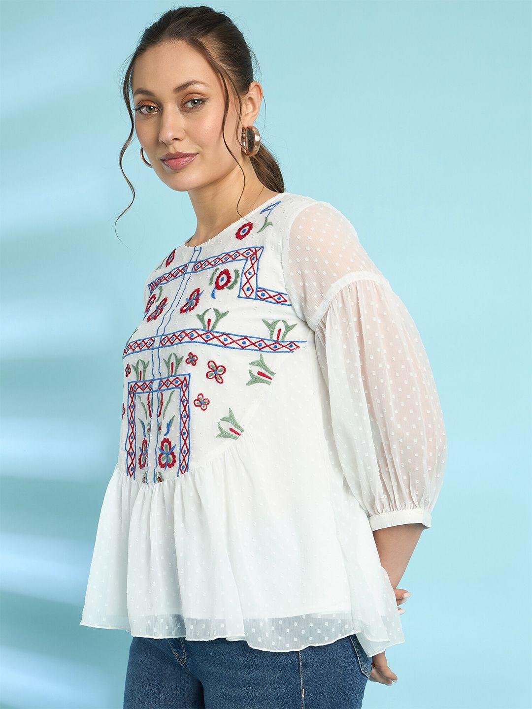 Antheaa Embroidered Chiffon Top