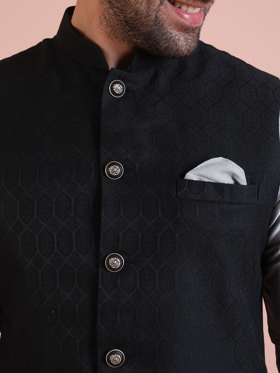 KISAH Men Woven Jacquard Regular Fit Ethnic Motifs Nehru Jacket
