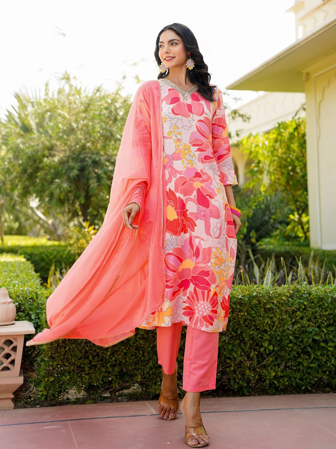 KALINI Floral Printed Regular Cotton Blend Kurta with Trousers With Dupatta