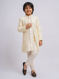 VASTRAMAY Boys Mirror Work Cotton Sherwani Over Kurta Pyjama