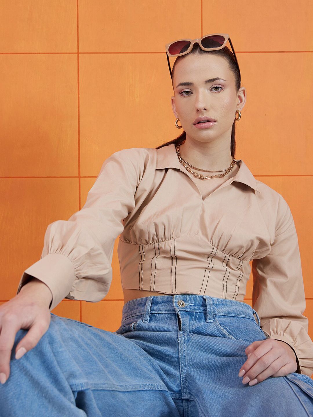 STREET 9 Beige Shirt Collar Pure Cotton Crop Corset Top