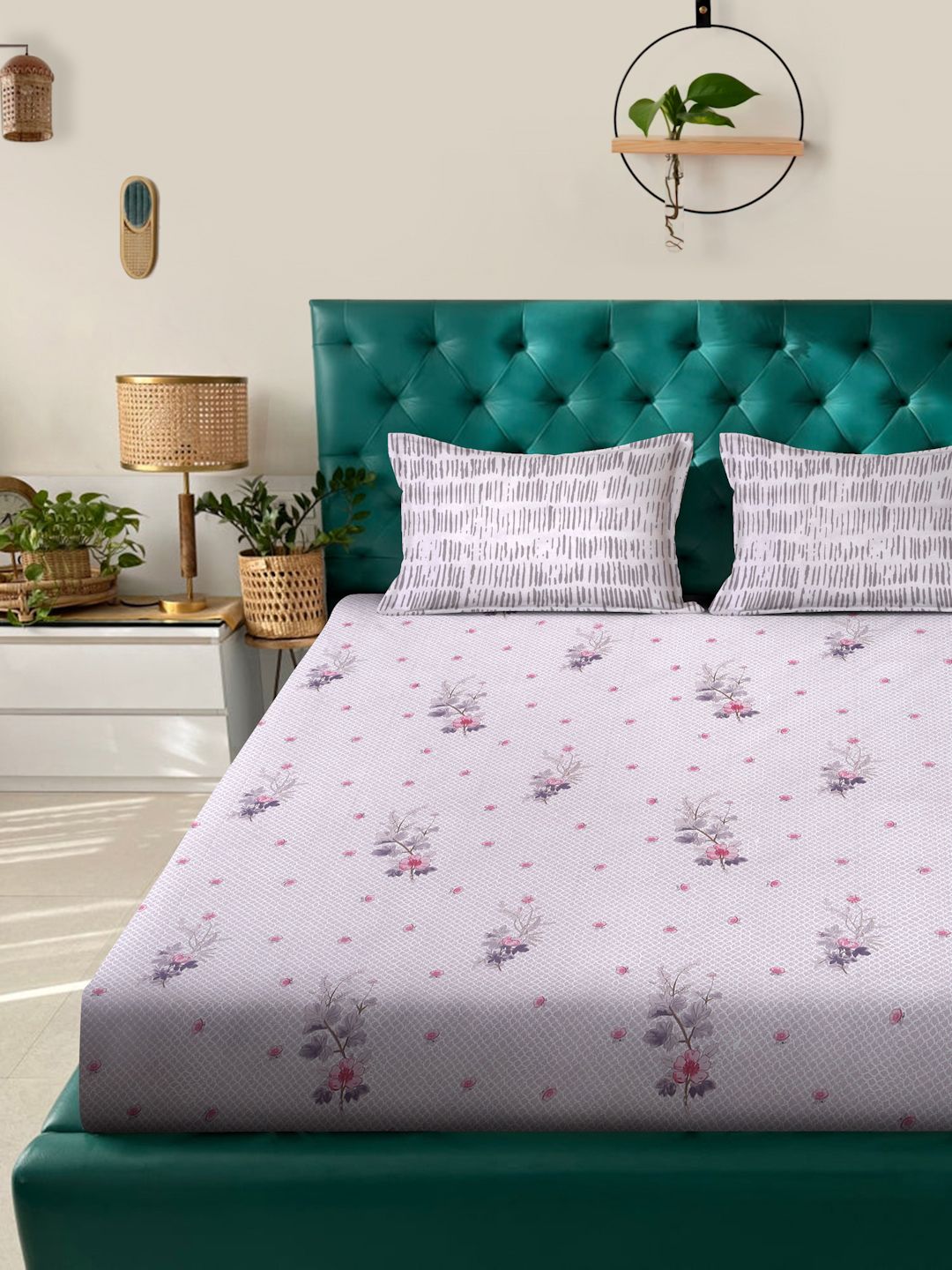 Myntra Elegant Homes Purple & Pink Floral Pure Cotton Set Cadar King 400 TC-2.5mX2.25m