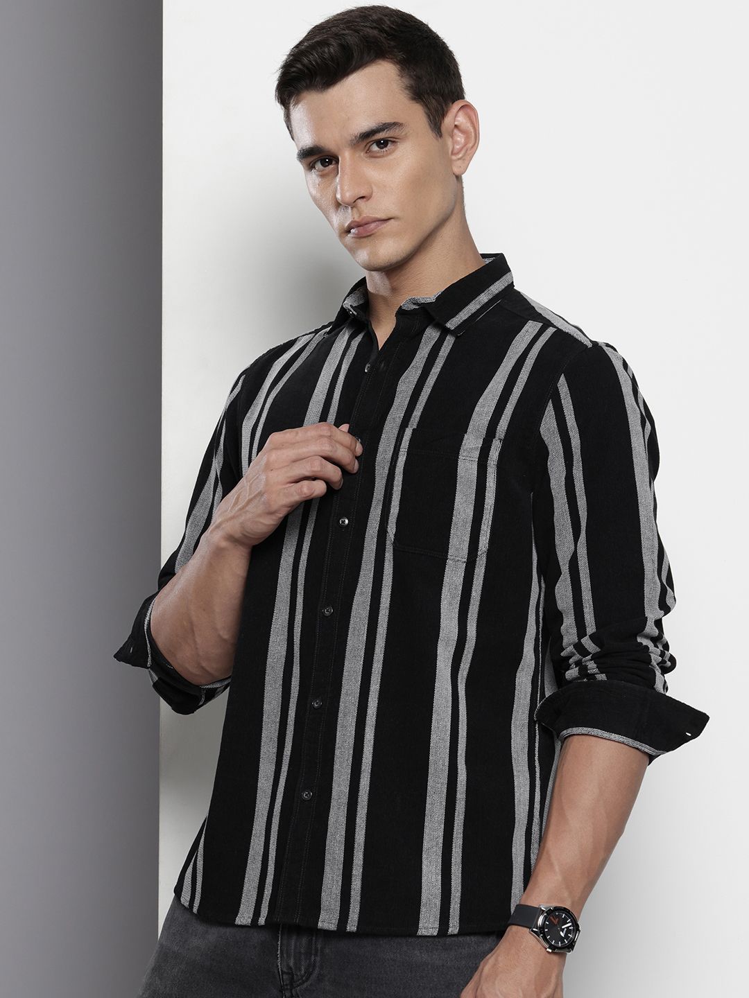 The Indian Garage Co Pure Cotton Striped Corduroy Casual Shirt