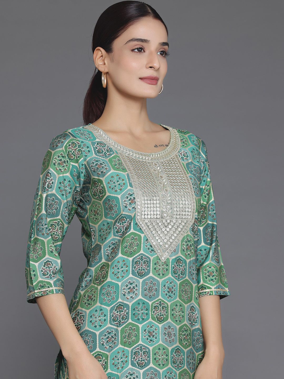 Libas Floral Printed Round Neck Three-Quarter Sleeves Sequinned Kurta Set