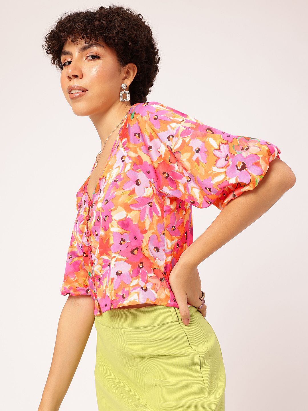 DressBerry Floral Paradise Print Puff Sleeve Shirt Style Crop Top