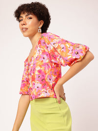 DressBerry Floral Paradise Print Puff Sleeve Shirt Style Crop Top
