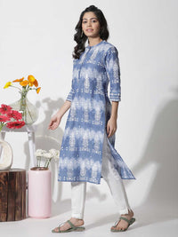W Floral Printed Mandarin Collar Pure Cotton Straight Kurta