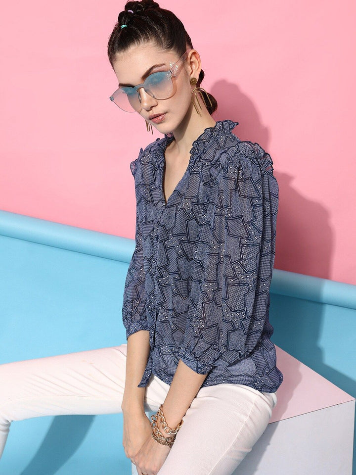 STREET 9 Women Blue & White Floral Sheer Printed Casual Shirt