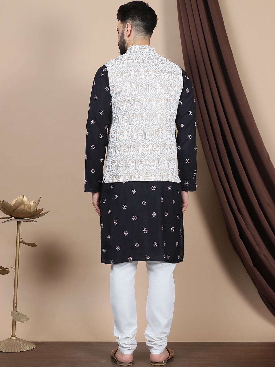 Anouk Black Embroidered Sequinned Cotton Silk Straight Kurta & Churidar & Nehru jacket