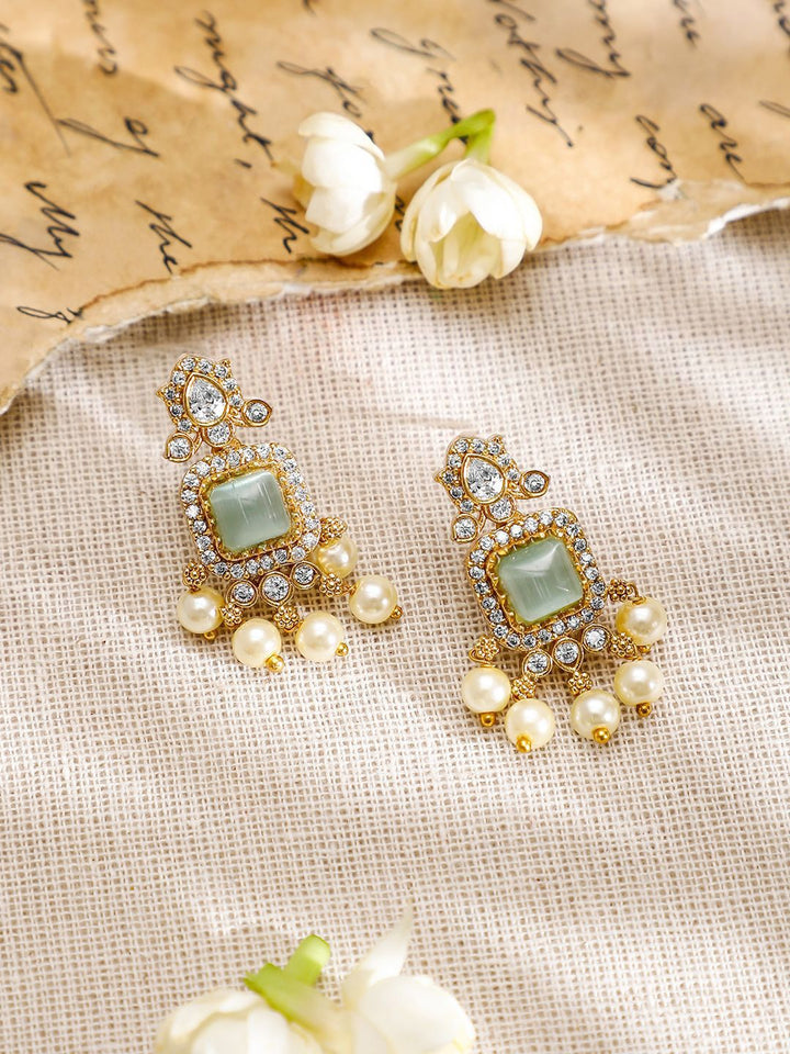 Rubans 22K Gold-Plated Aqua AD & White CubicZirconia Studded Jewellery Set with Pearl Drop