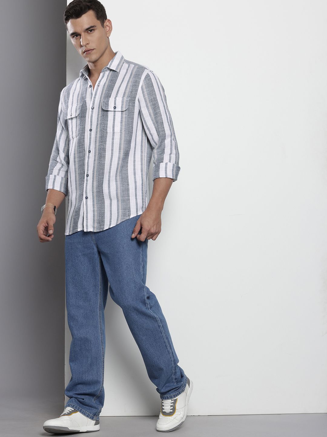 The Indian Garage Co Men Slim Fit Striped Double Flap Casual Shirt