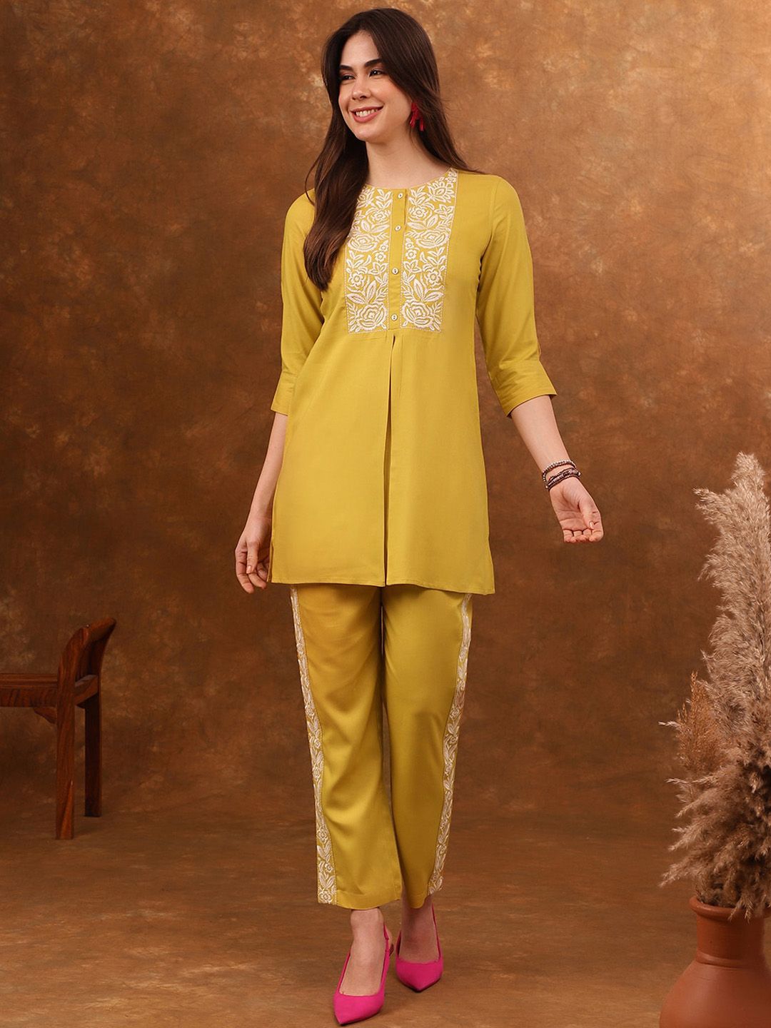 Anouk Yellow Embroidered Tunic & Trousers Co-Ords