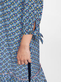 Global Desi Women Blue & Yellow Printed Keyhole Neck Kurta