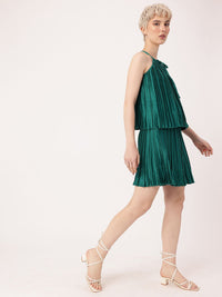DressBerry Delightful Grace Accordion Pleats Tie-Up Neck Top With Flared Shorts Co-Ords