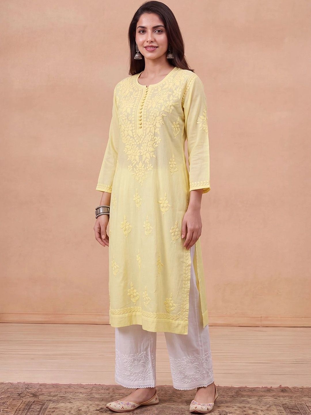 Rumah Wanita Chikankari Motif Etnik Sulam Benang Kerja Kurta